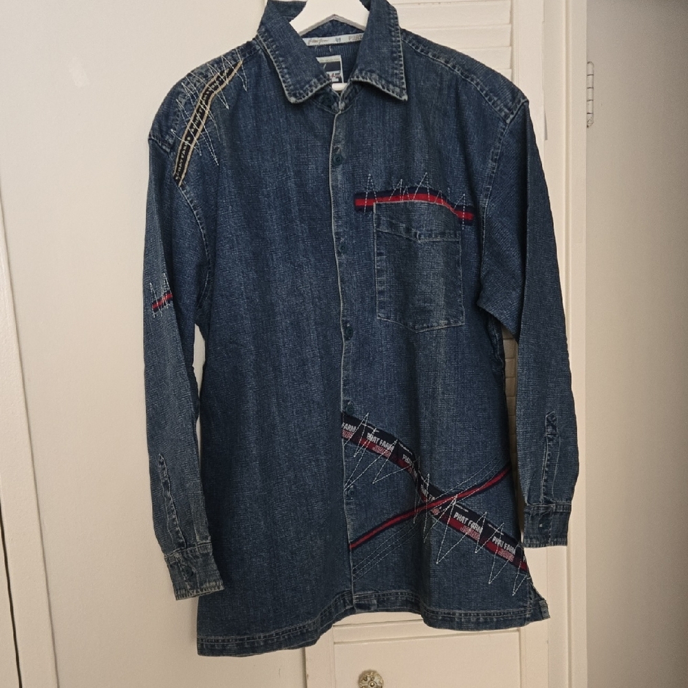 Vintage Phat Farm Oversized Blue Denim Button-Up Jacket Shirt Red Stitching XL
